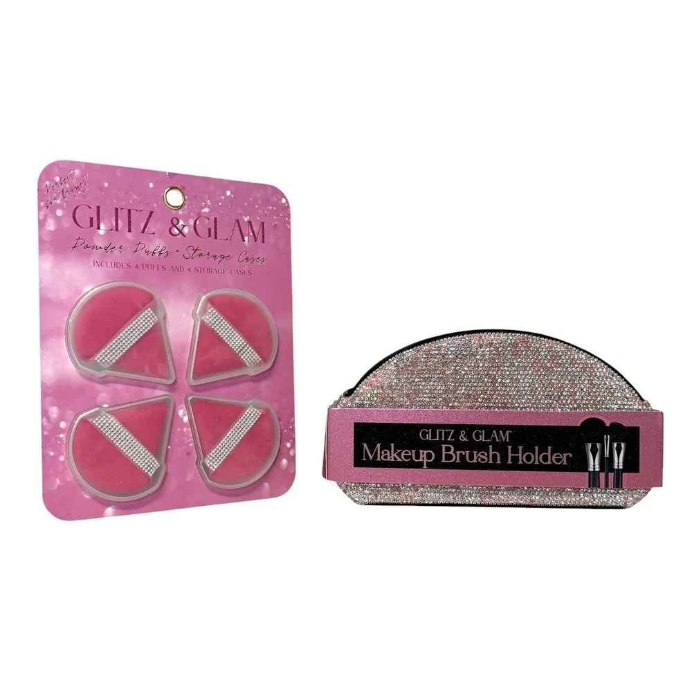 Glitz & Glam Pink Rhinestone Makeup Brush Holder and 4pc Powder Puff‎ Set NEW